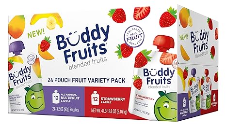 Buddy Fruits Pure Blended Fruit Snack To Go Variety Pack, Multifruit & Strawberry Applesauce 3.2oz (Pack of 24) | 100% Real Fruit | No Sugar, Non GMO, Vegan, Gluten Free, No Preservatives, BPA Free, Certified Kosher