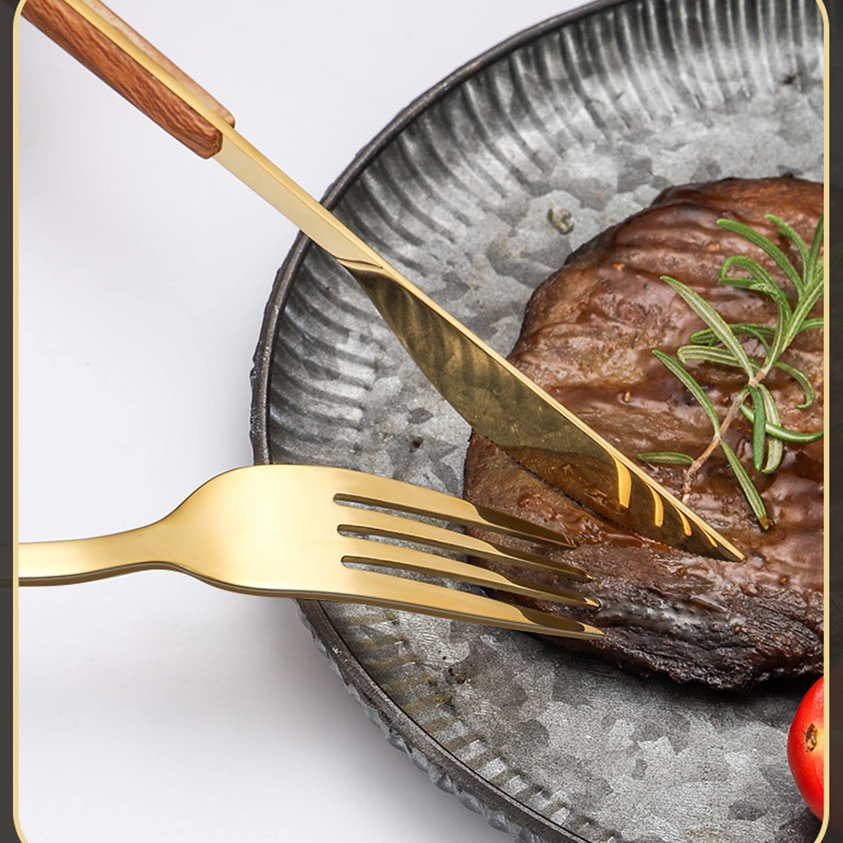 Ensemble D'argenterie avec Couteaux À Steak, Ensemble De Couverts Réutilisables en Acier Inoxydable De 24 Pièces, Finition Polie Miroir Durable pour Un Usage Quotidien, Fête,Marron