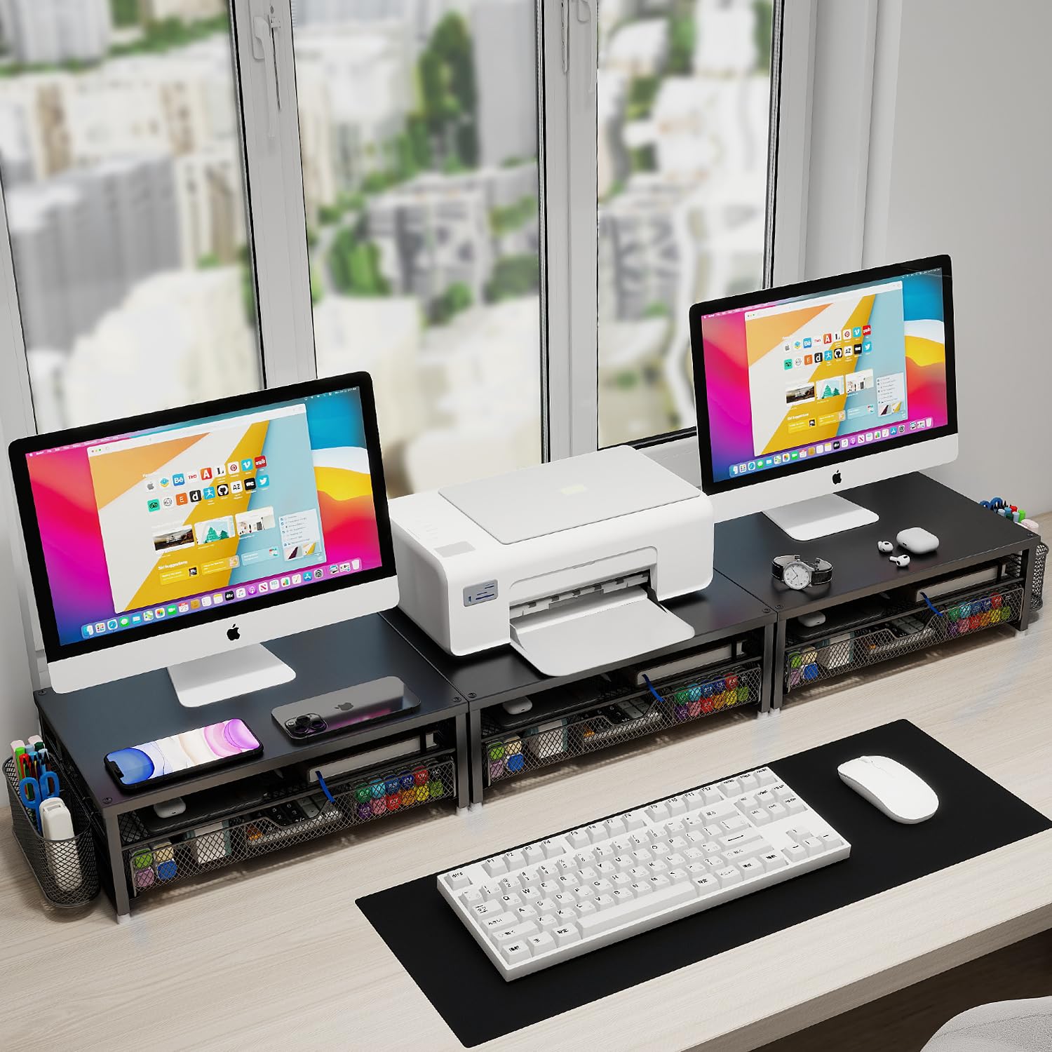 Supporto per monitor in metallo, per scrivania da ufficio con mensola, organizer per ufficio, organizer da scrivania con cassetto e portapenne, supporto per computer a 2 livelli, per iMac, PS4, PC