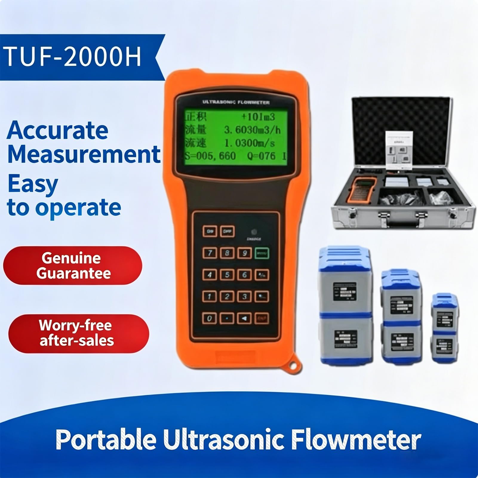 Medidor De Flujo UltrasóNico PortáTil, TUF-2000H, PrecisióN ±1% con Registrador De Datos, Medidor De Flujo De Agua LíQuida, Transductor EstáNdar, Rango De MedicióN DN15MM-100MM