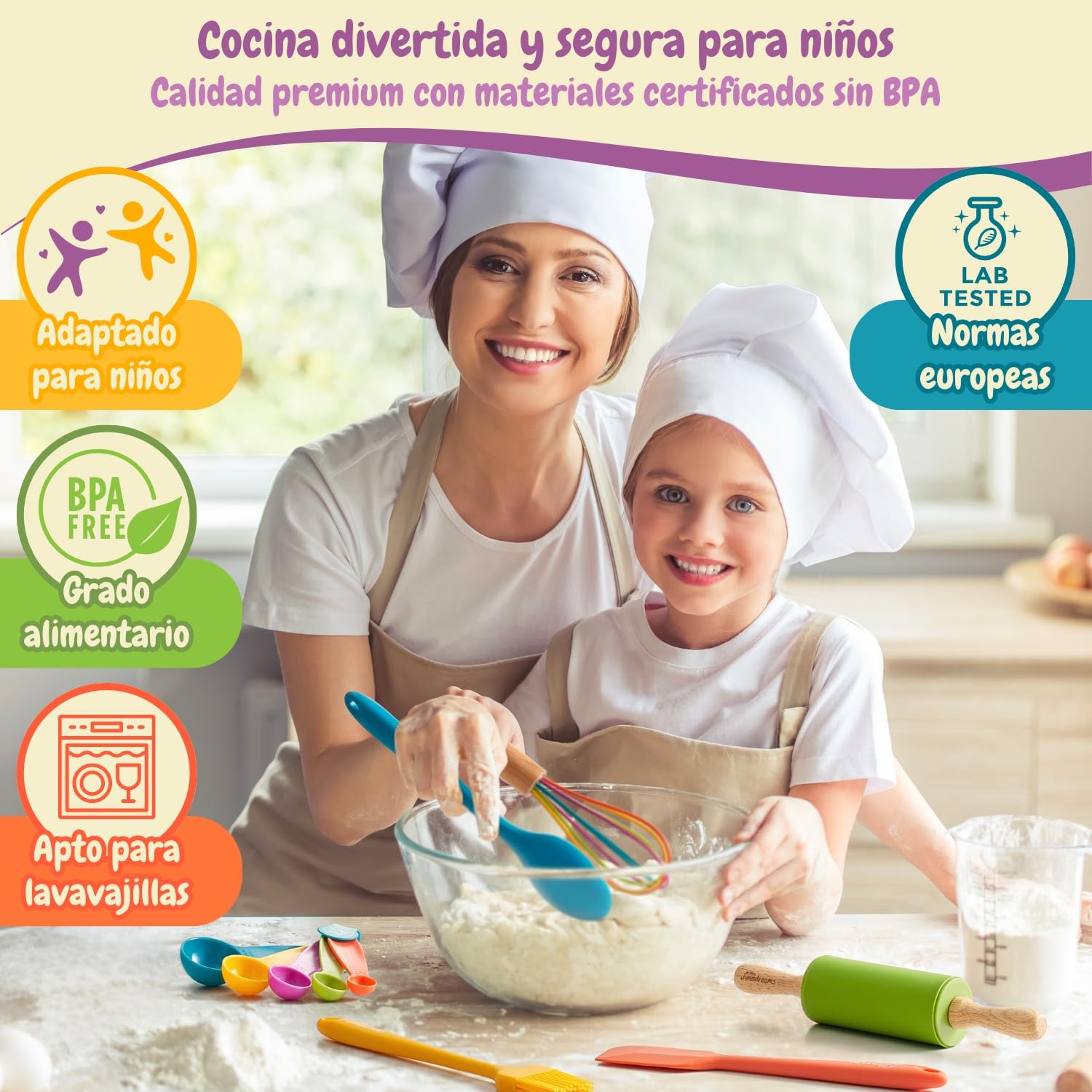 Kit Cocina Montessori para Niños con Utensilios de Cocina Reales y Set de Cuchillos Seguros - Kit de Reposteria Infantil con Cuchillo de Aprendizaje - Regalo Educativo Desde 3 Años
