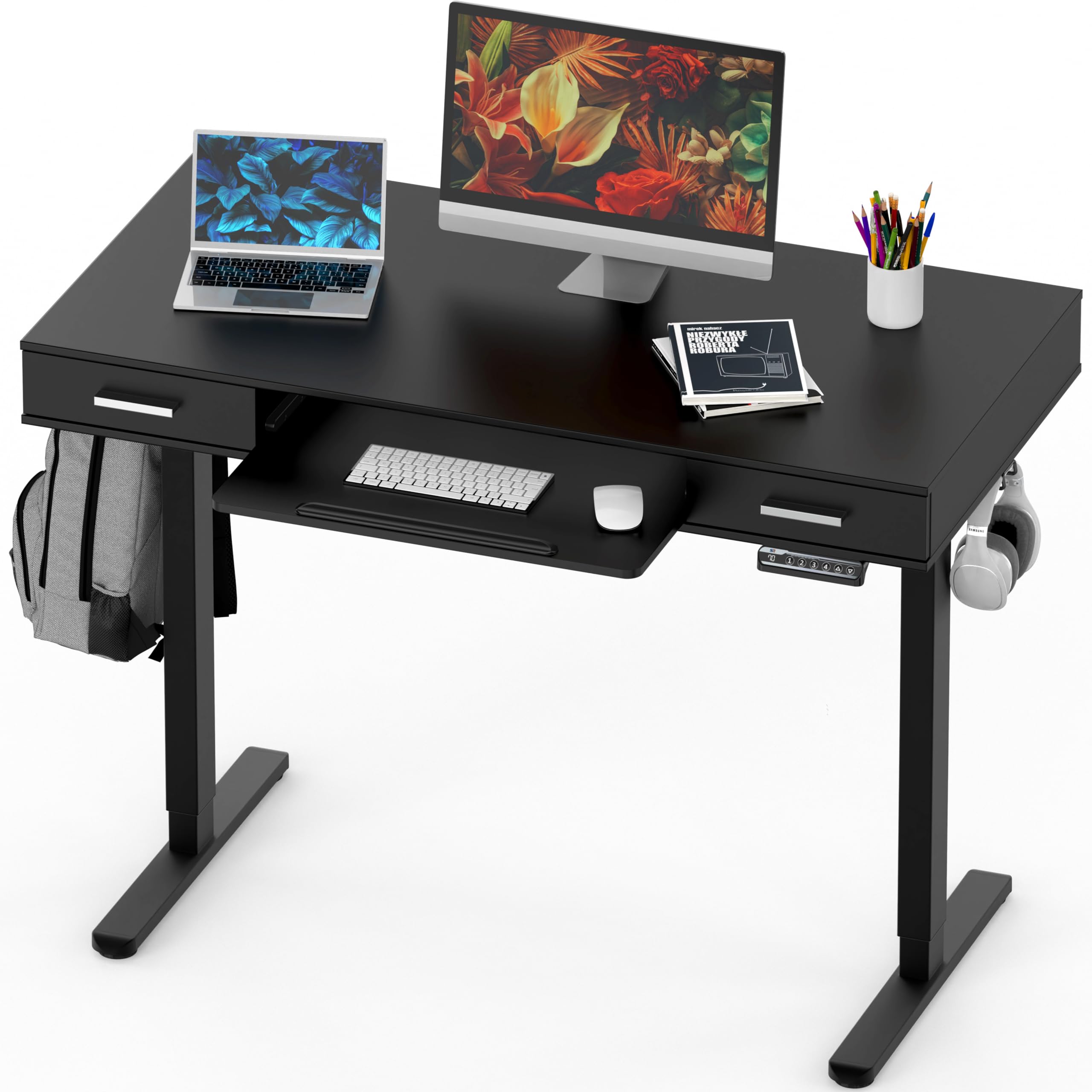 Photo 1 of SHW 48-Inch Electric Height Adjustable Desk with Keyboard Tray and Two Drawers, Black 48-Inch w/ Keyboard Tray & 2 Drawers Black