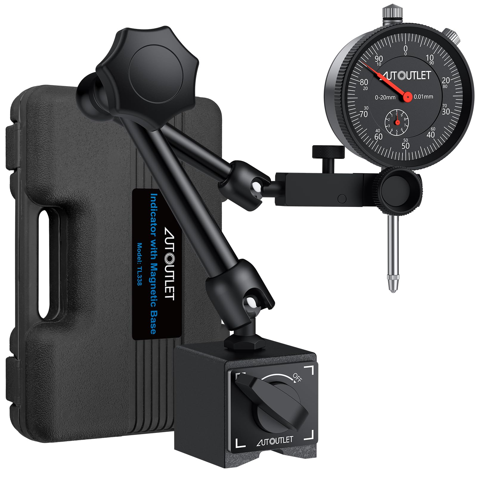 AUTOUTLET Set Comparatore Meccanico con Base Magnetica,Trazione Massima 132 Libbre/60 KG,Campo di Misura 0-20 mm,Supporto Universale del Comparatore,Interruttore ON/OFF