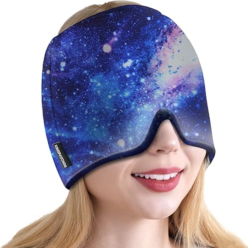 Vista 41 de KingPavonini Envoltura de cabeza de hielo, gorra ajustable para aliviar el dolor de cabeza de migraña con cordón, sombrero de migraña caliente/fría