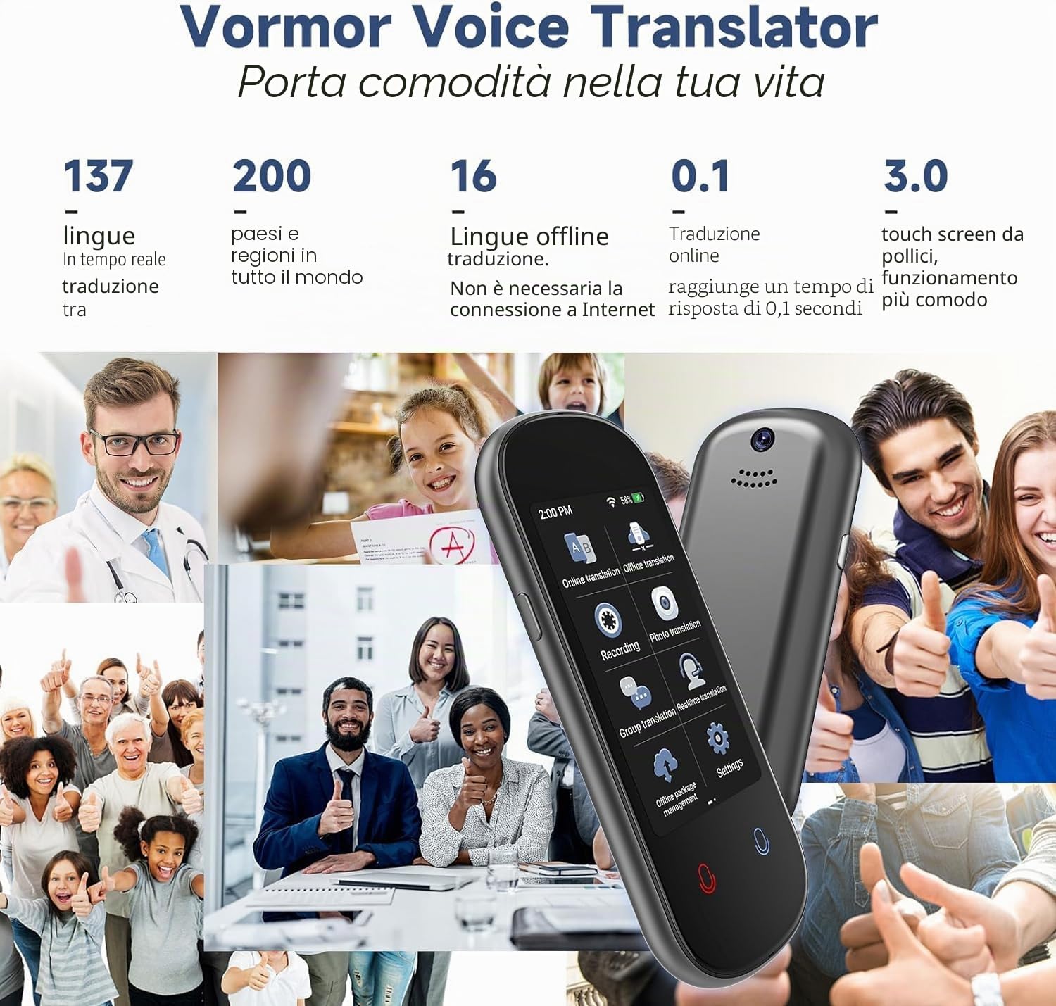 Dispositivo traduttore linguistico, supporto per traduttore vocale offline, registrazione e traduzione di foto, traduttore istantaneo bidirezionale in tempo reale ad alta precisione, 150+ lingue, per