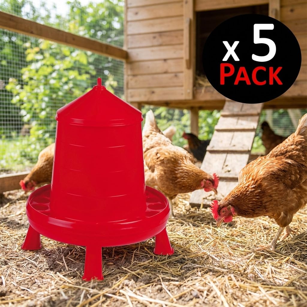 Suinga Pack 5 Tolvas Comedero con Patas para Aves y Gallinas de 4 Kg | 30x30x50 cm | Antidesperdicio y Resistente | Colgantes o Fijas | Color Rojo
