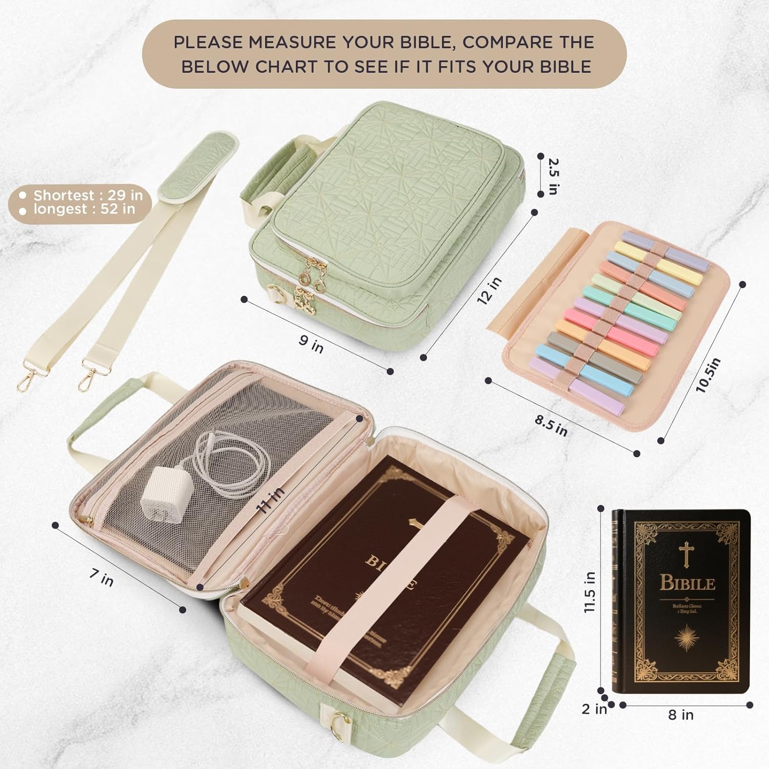 Bible Cover Case for Women Bible Study Kit with Highlighters Tabs, Large Bible Bag with Annotation Kit, Bible Carrying Case for Women with Shoulder Strap Church Bags with Journaling Kit (Green, Large) - Image 4