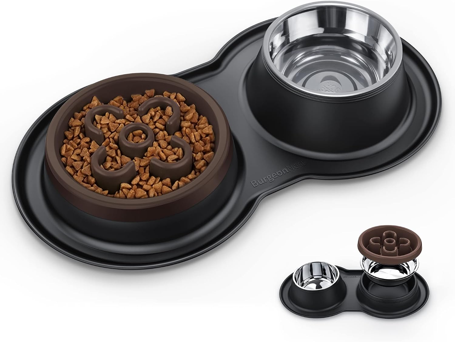 BurgeonNest Slow Feeder Dog Bowls, 27oz Stainless Steel 4-in-1 Food and Water Bowls with No-Spill Silicone Mat Bloat Stop Slow Down Eating Puzzle Bowl for Medium Small Sized Dogs
