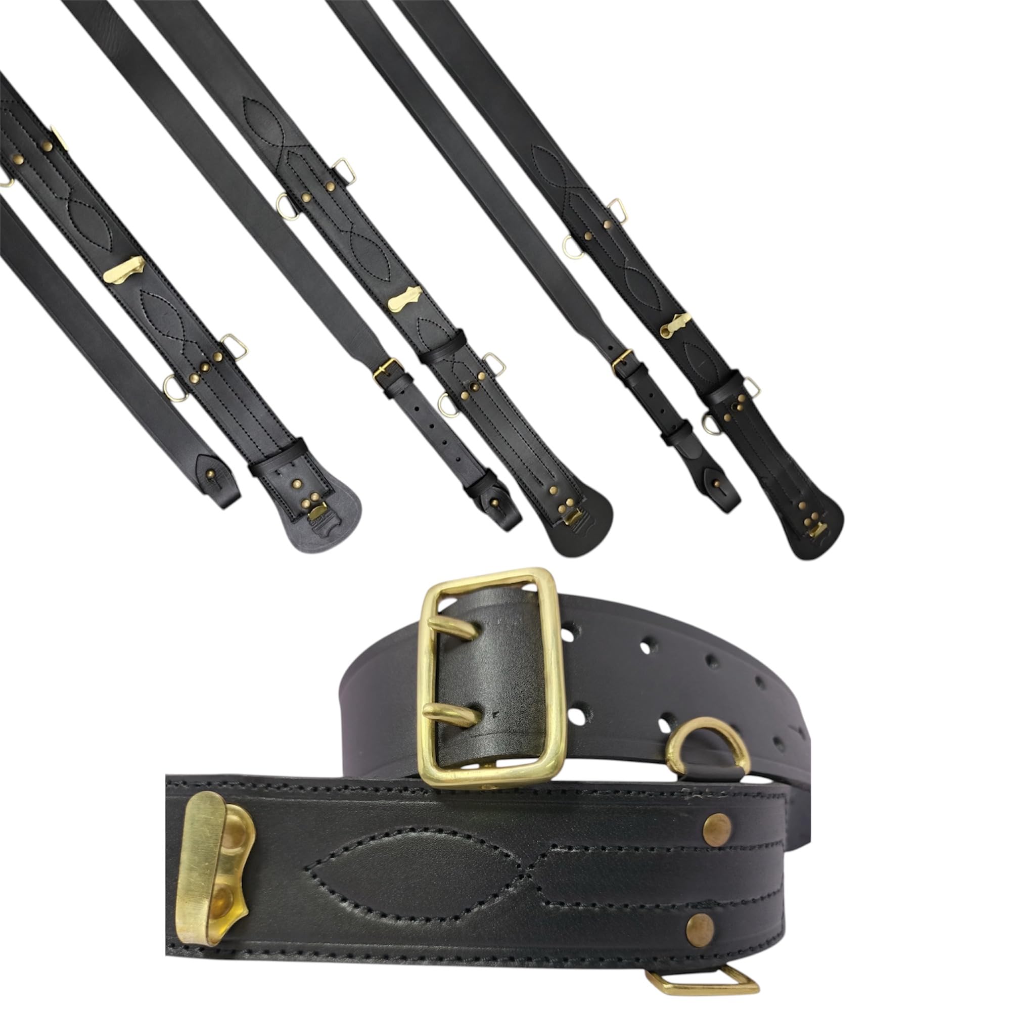Cinturón de cuero negro Sam Browne con correa para el hombro, cinturón de cuero genuino estilo policía y militar, cinturón ajustable con hebillas de latón dorado macizo para uniformes, ceremonias y