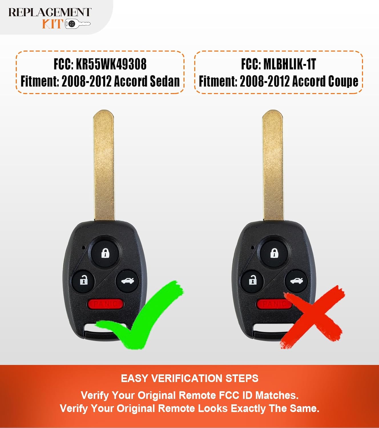 Simple Key Replacement Kit for Honda KR55WK49308 fits Accord 4 Doors Sedan 2008 2009 2010 2011 2012