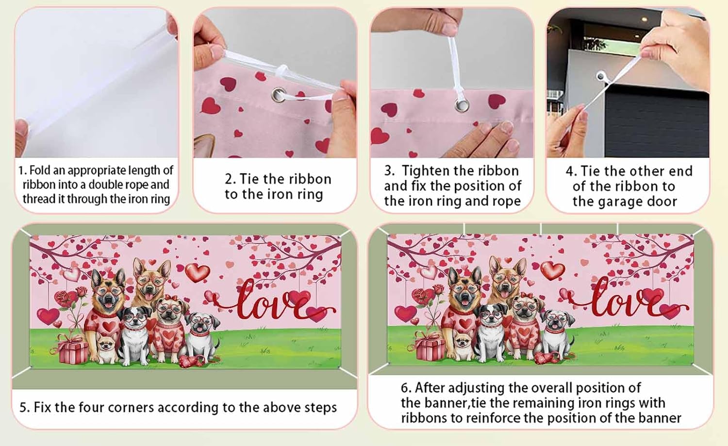 Valentine's Day Garage Door Banner Cover 7 x 8 ft, Watercolor Cute Dogs Red Rose Floral Love Heart Tree Pink Garage Door Decorations Holiday Backdrop Decor for Valentine's Party