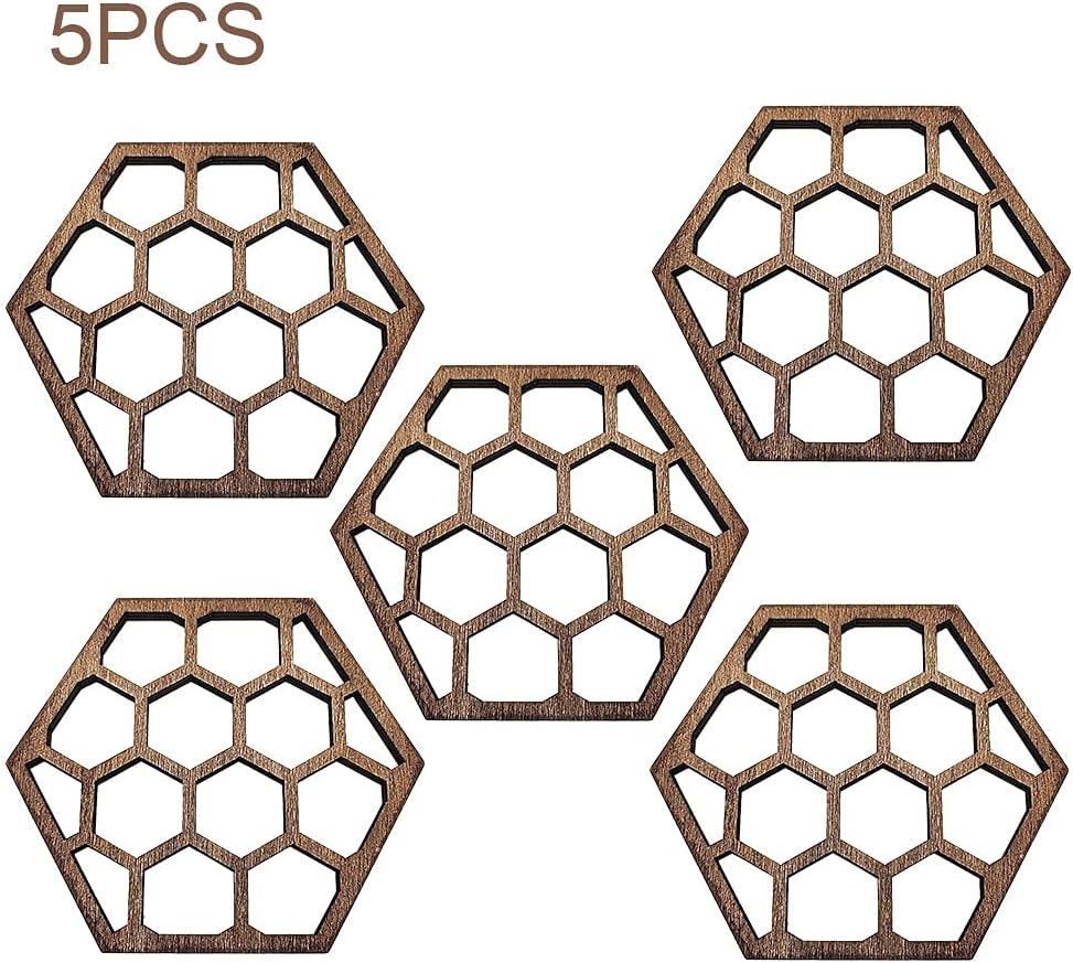 5 Pack Hollow Hexagon Wooden Coasters, Honeycomb & Bee Pattern Cup Pads, Decorative Wooden Wall Art Ornaments, Rustic Home Bar Decor & Housewarming Gift for Bee Lovers