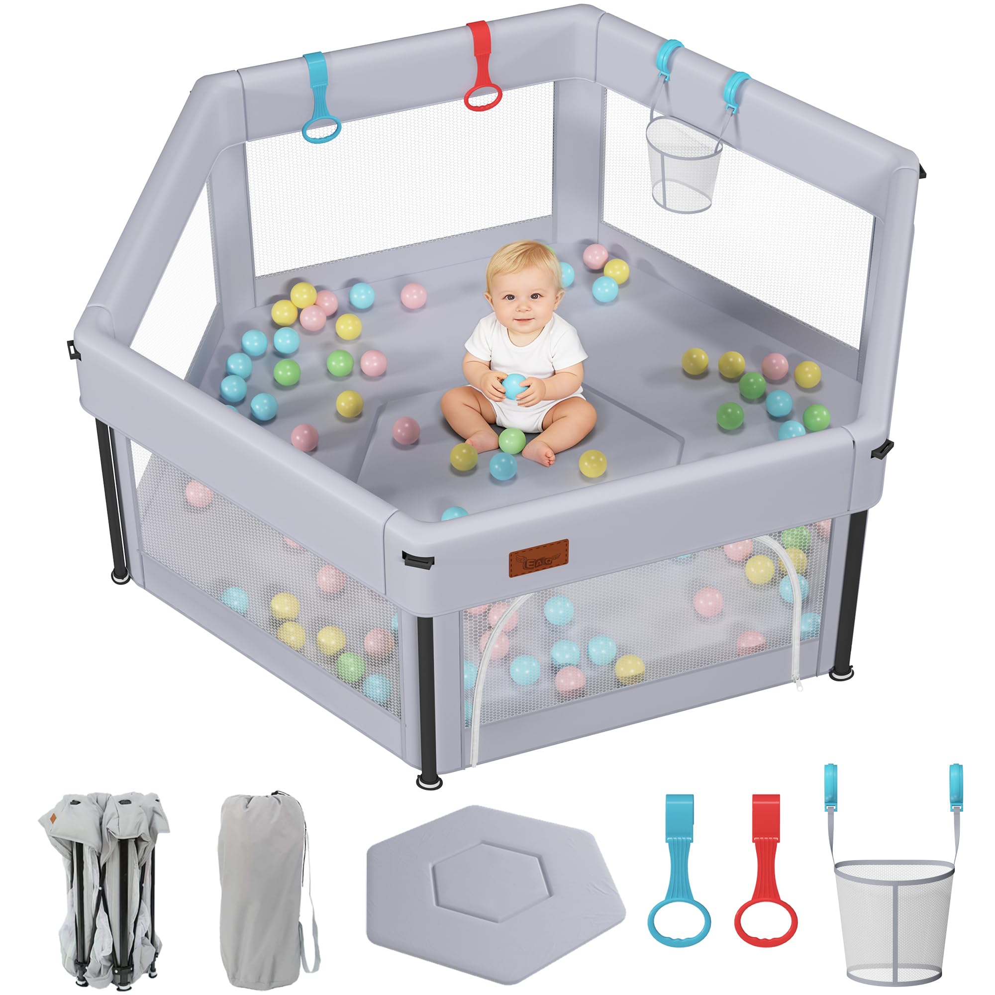 EAQ Baby Playpen Foldable, Playpen for Baby and Toddlers with Breathable Mesh Walls Fitted mat for Indoor and Outdoor