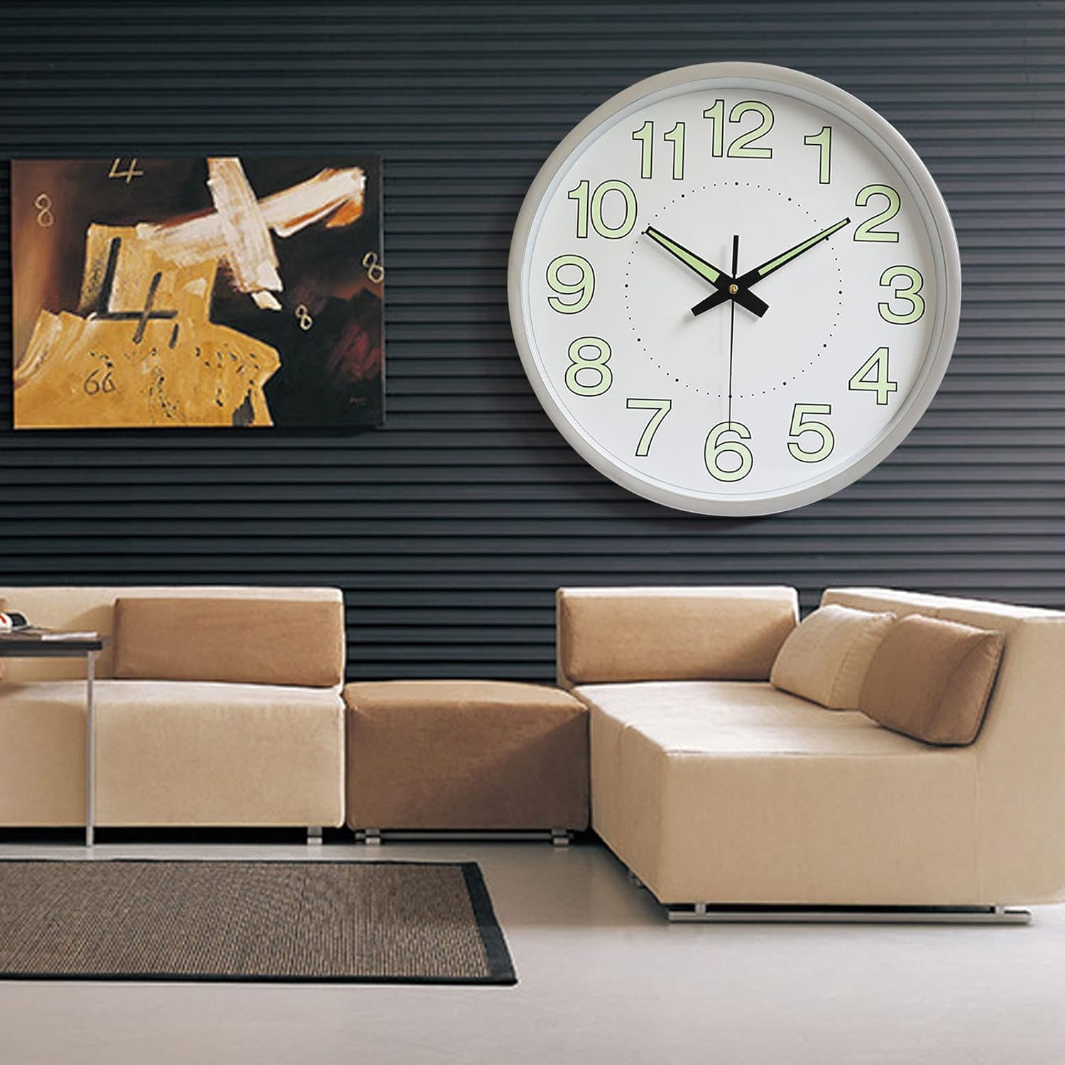 Luminous Wall Clock, Glow in Dark Silent Non Ticking Wall Clock with Arabic Numerals 12 Inch Plastic Glass Lens for Living Room Bedroom Office School Classroom, Battery Operated Silver