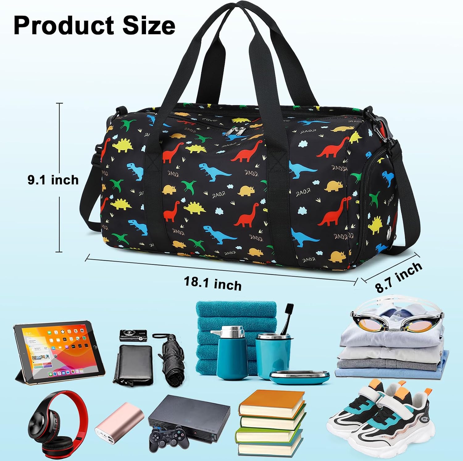 CAMTOP Kids Duffel Overnight Bag Boys Girls Toddler Weekender Carry-On Personalized Tote for Travel Gym Sport (Black Dinosaur) image 3