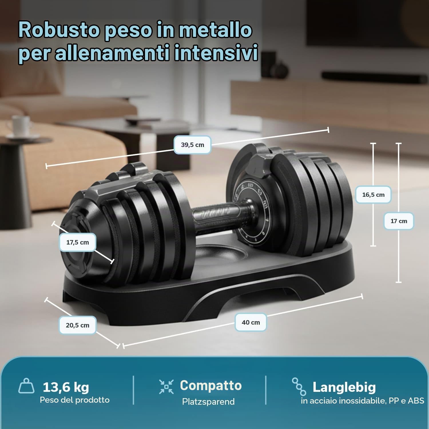 Skandika Hanteln Paino | Manubrio regolabile, set di manubri, pesi da 1,5 a 24 kg, set da 2 manubri, kettlebell, set di pesi, dumbbells, dischi pesi