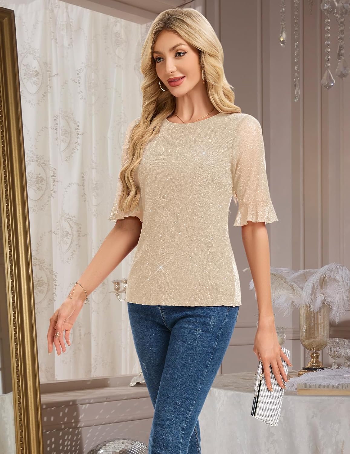 HomRain Womens Ruffle 3/4 Sleeve Sparkle Top Blouses Casual Shirts Crew Neck Glitter Night Out Tops for Elegant Evening - Image 2