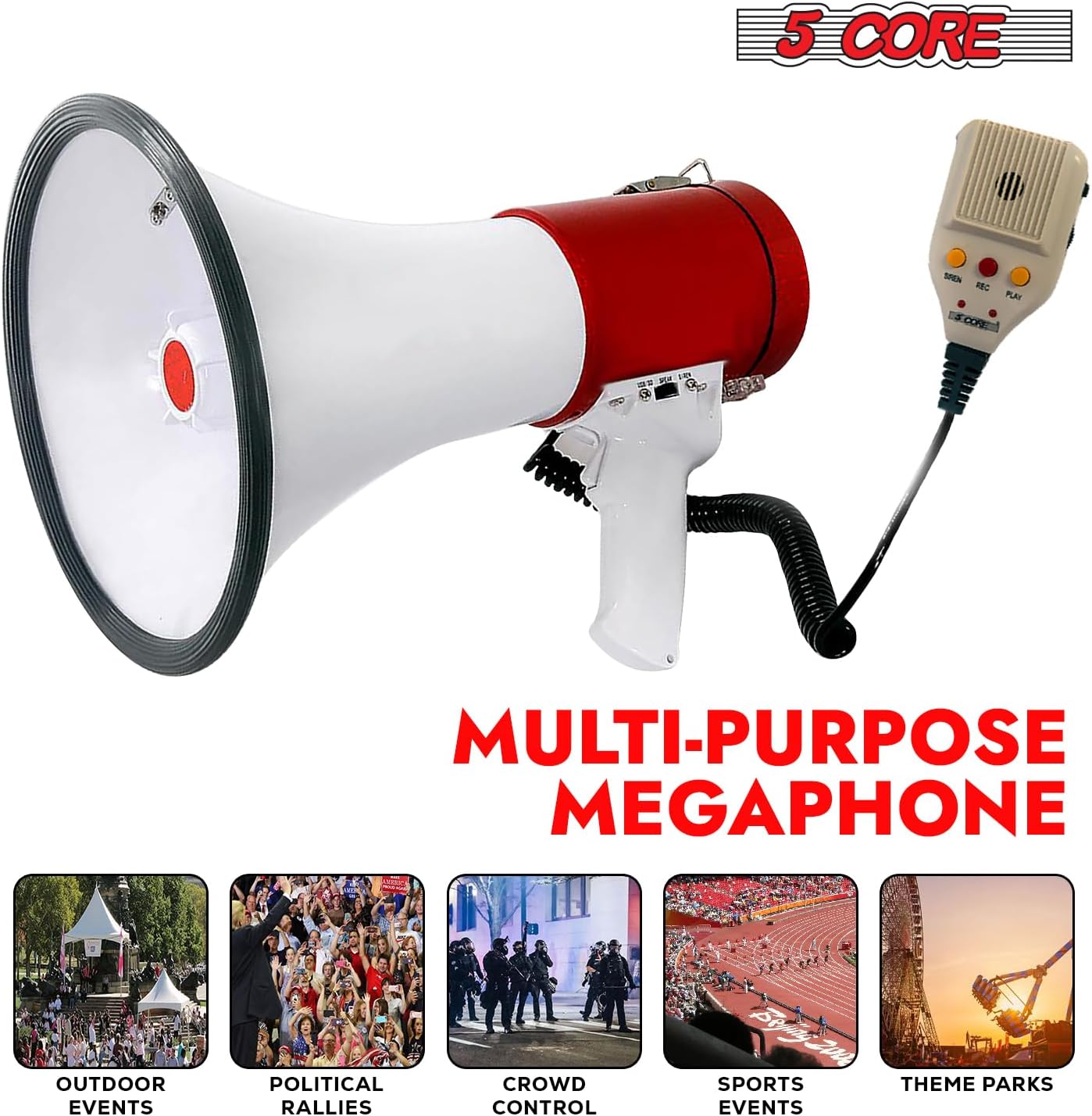 5 CORE Megaphone 50W Bull Horn Professional PA Speaker w 1200 Yards Range Loud Siren Voice Amplifier USB/SD/3.5mm Aux Portable Megafono - 66SF