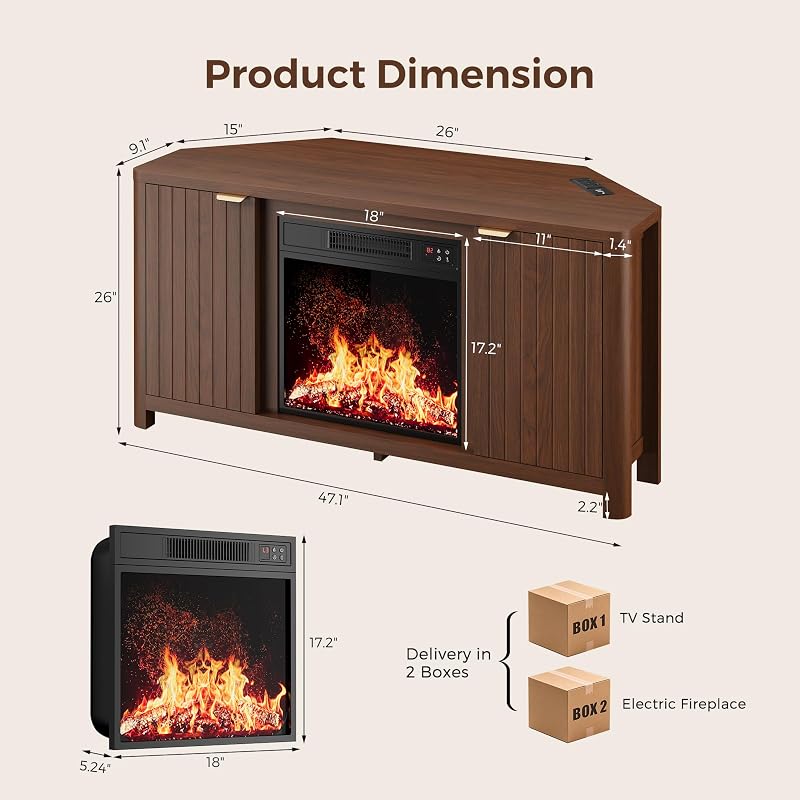 Corner Fireplace TV Stand for 55" TV, Fluted Entertainment Center, Walnut image 6