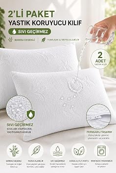 Formeya 2 Adet Bambu Desen Lüks Sıvı Geçirmez Yastık Alezi | Fermuarlı 50x70 cm 2'li Yastık Koruyucu Yastık Alezi Seti