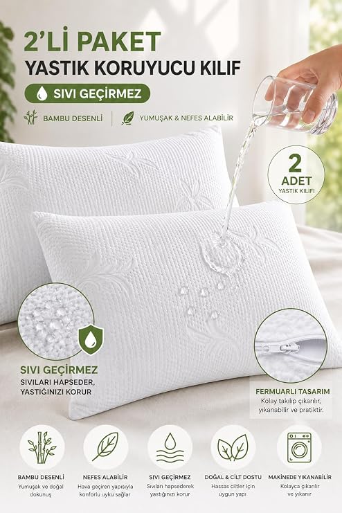 Formeya 2 Adet Bambu Desen Lüks Sıvı Geçirmez Yastık Alezi | Fermuarlı 50x70 cm 2'li Yastık Koruyucu Yastık Alezi Seti