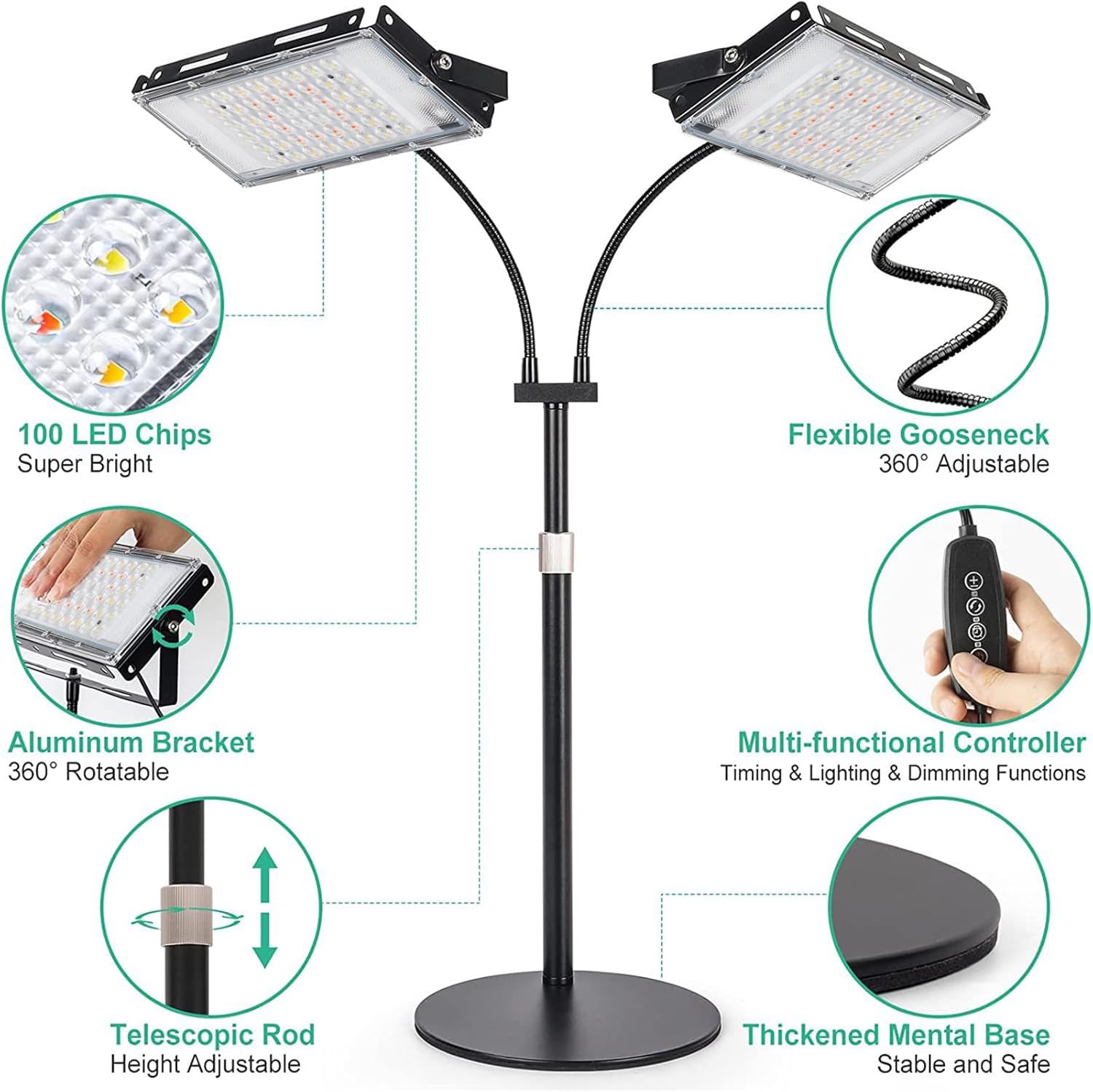 Haofy LED Grow Light, Full Spectrum with Stand, 360° Angle, 3 Light Modes, 6 Speed Dimming for Indoor Plants and Succulents (100leds)