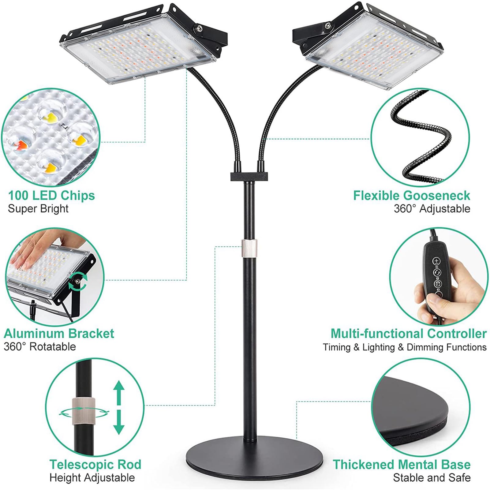 Fabater Luz de Cultivo LED 48W, Espectro Completo con Soporte Ajustable
