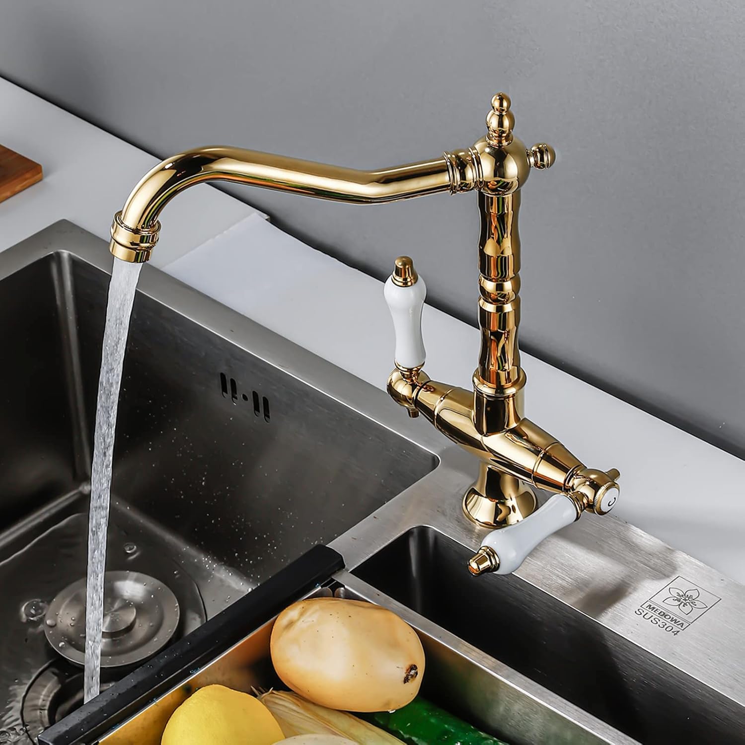 BOAOTX Kitchen Tap Gold Vintage Kitchen Tap 360° Rotatable Sink Tap Two ...