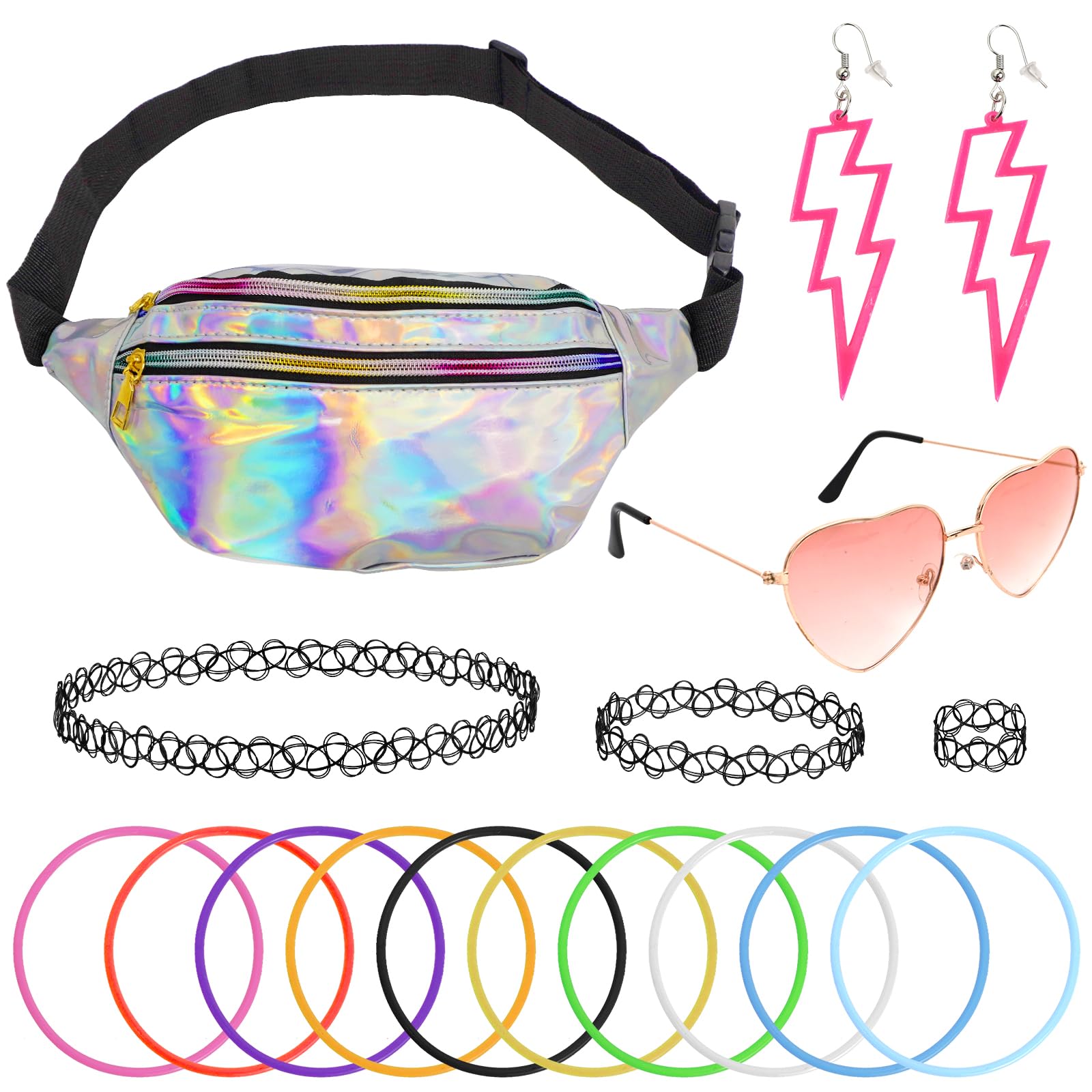 ZWQLZG 80s Fancy Dress for Women, 90s Fancy Costumes Accessories Set Including Bumbags Choker Heart Glasses Bracelet Earrings, Festival Accessories 80s 90s, Dress Up Day