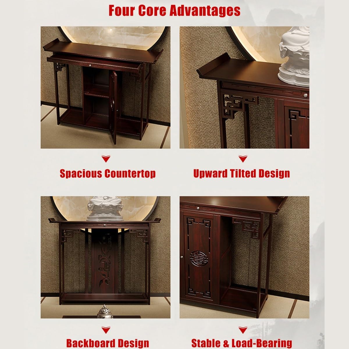 Premium Thick Wood Altar Table for Home Meditation & Sacred Space, Freestanding Prayer Table with Chinese Carvings & Storage(43.3”Long)