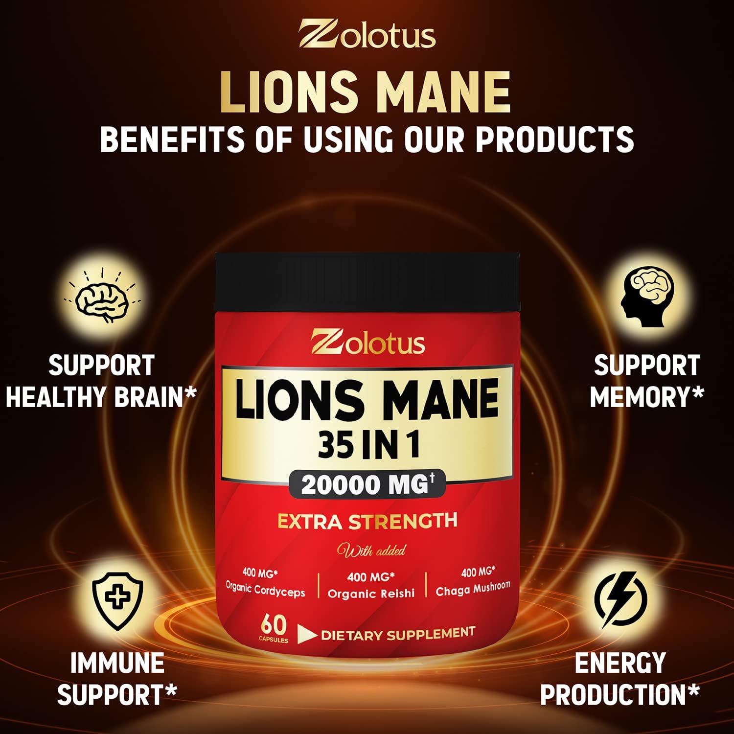 35 in 1 Lions Mane Mushroom Capsules, Equivalent to 20000mg, with Cordeyceps, Reishi, Elderberry, Ashwagandha, Panax Ginseng, Focus, Memory and Brain Support Supplement, Immune Support, Energy Pills
