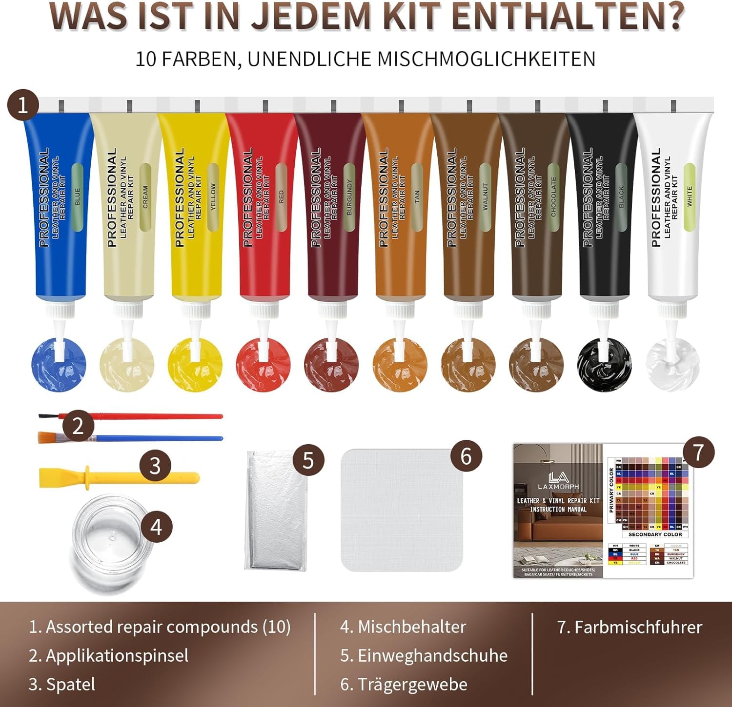 Leder Reparatur Set 10 Farben Flüssigleder Für Möbel, Sofas,Autositze & Jacken,Vinyl Kunstleder Reparatur Set Repariert Lederfarbe Risse, Löcher, Kratzer & Abblätterungen