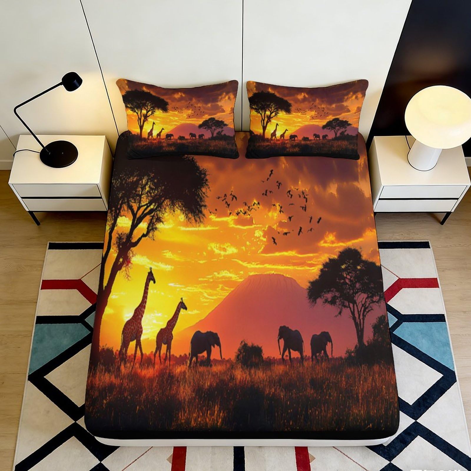 3D Printed African Sunset Fitted Sheet Microfiber Soft Durable 3D Printed Savanna Mattress Cover for Bedroom Dormitory Guest Room Protection 160x200x25cm