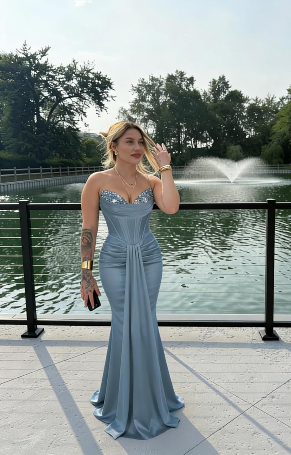 Mermaid Satin Corset Prom Dresses with Tie 2026 Long Pleated Sequin Strapless Formal Evening Gown WA136 - Image 6