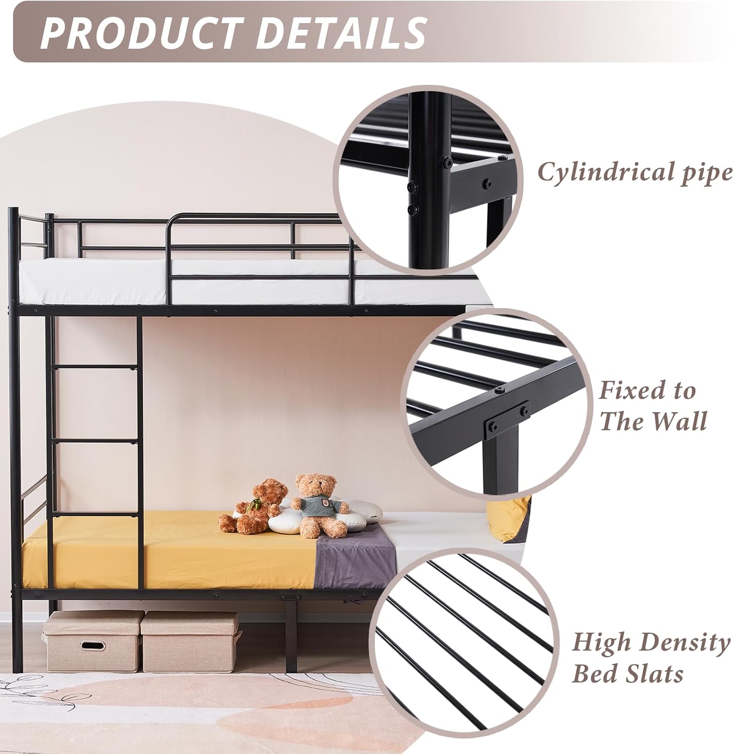Karl home Black Bunk Bed Twin Over Twin, Metal Bunk Bed with Built-in Ladder and Safety Guardrail, Space-Saving Twin Bunk Beds for Kids, Teens & Adults, No Box Spring