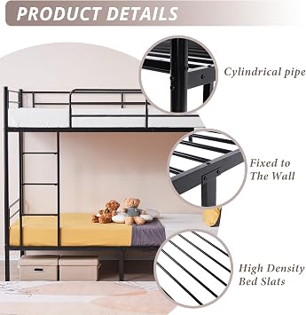 Karl home Metal Bunk Bed Twin Over Twin with Built-in Ladder, Black | Heavy Duty Bunkbeds with Safety Guardrail and Space-Saving Design,Twin Bunk Beds for Kids, Teens & Adults, No Box Spring