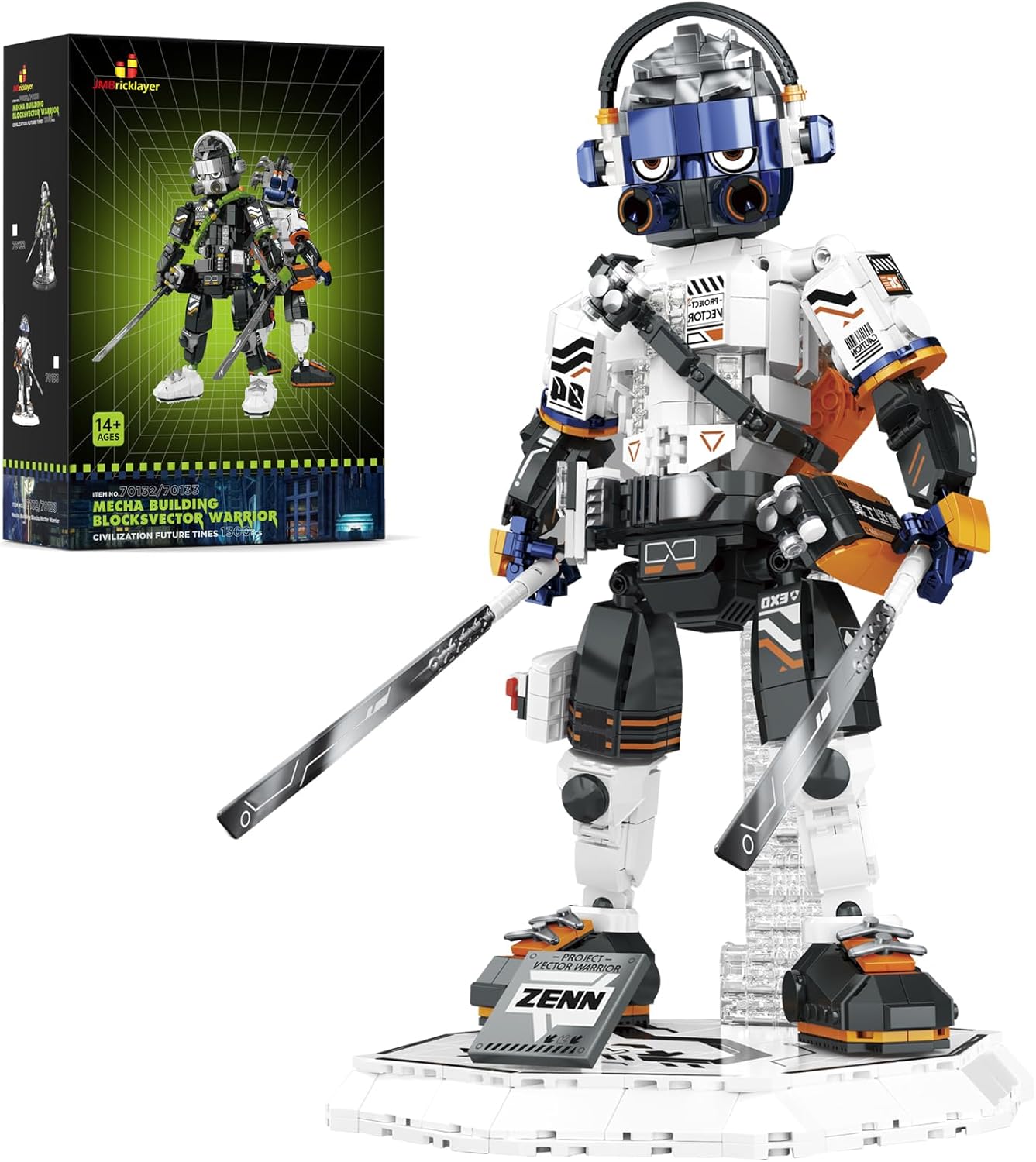 JMBricklayer Mecha Robot Building Sets for Adult 70133, Flexible Vector Warrior Display Model with Base, Cool Battle Mech Toy for Boys Girls, Stylish Look Collectible Showcase Gifts Idea(1300 Pieces) White