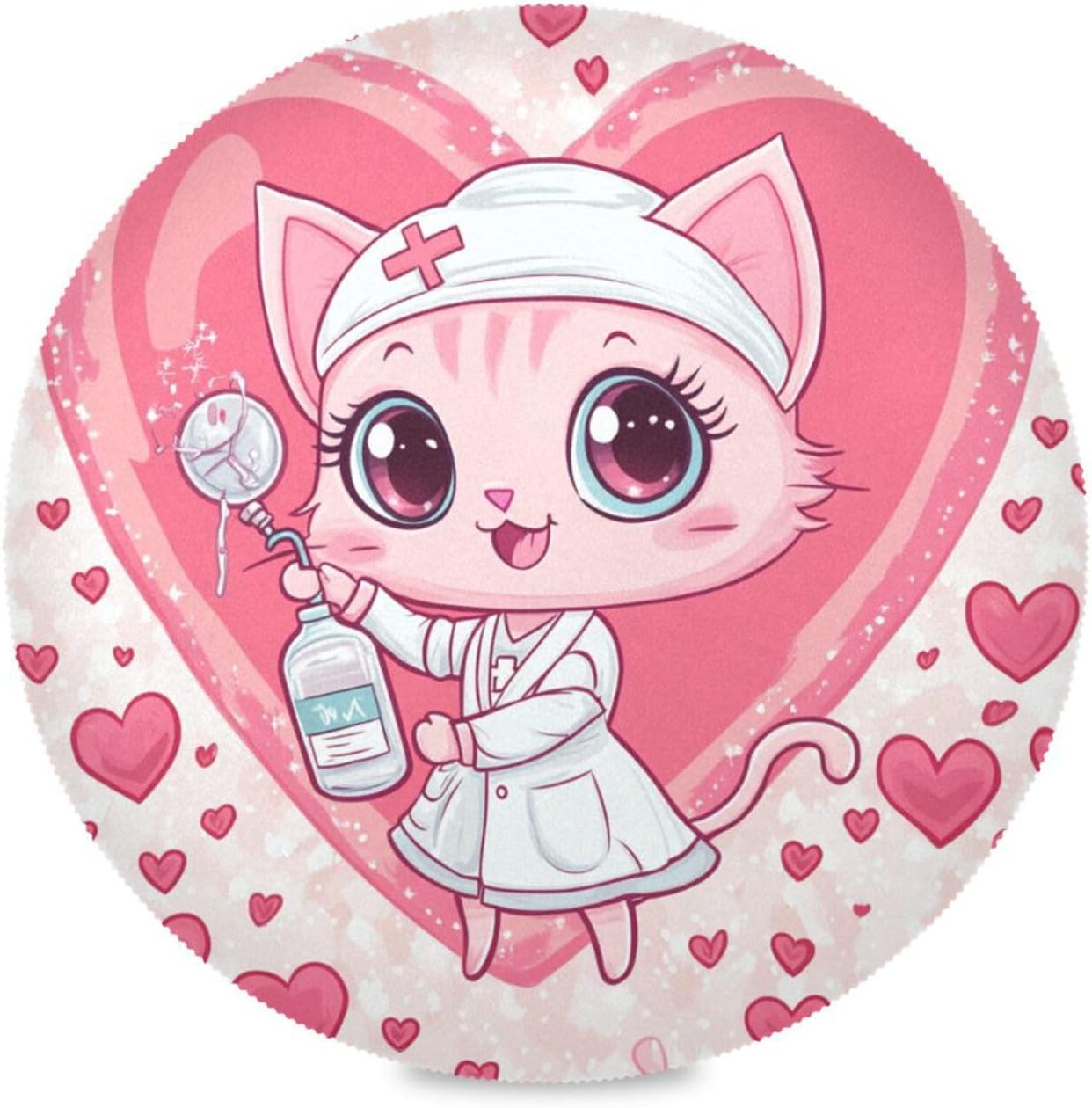 Cartoon Cute White Nurse Cat Round placemats for Dining Table Reusable placemats placemat Washable Table mat Plate Waterproof placemat Outdoor placemats Set of 6 for Linen 15.4x15.4in