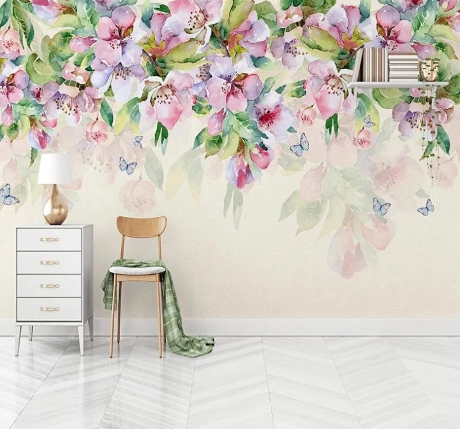 Wallpaper-3D-Xlm 250Cm×170Cm(B×H) Hand Drawn Watercolour Pink Flowers Green Leaves 3D Wallpaper Easy Install Feature Office Living Room Sofa Bedroom Tv Background Wall Decoration-250Cm×170Cm