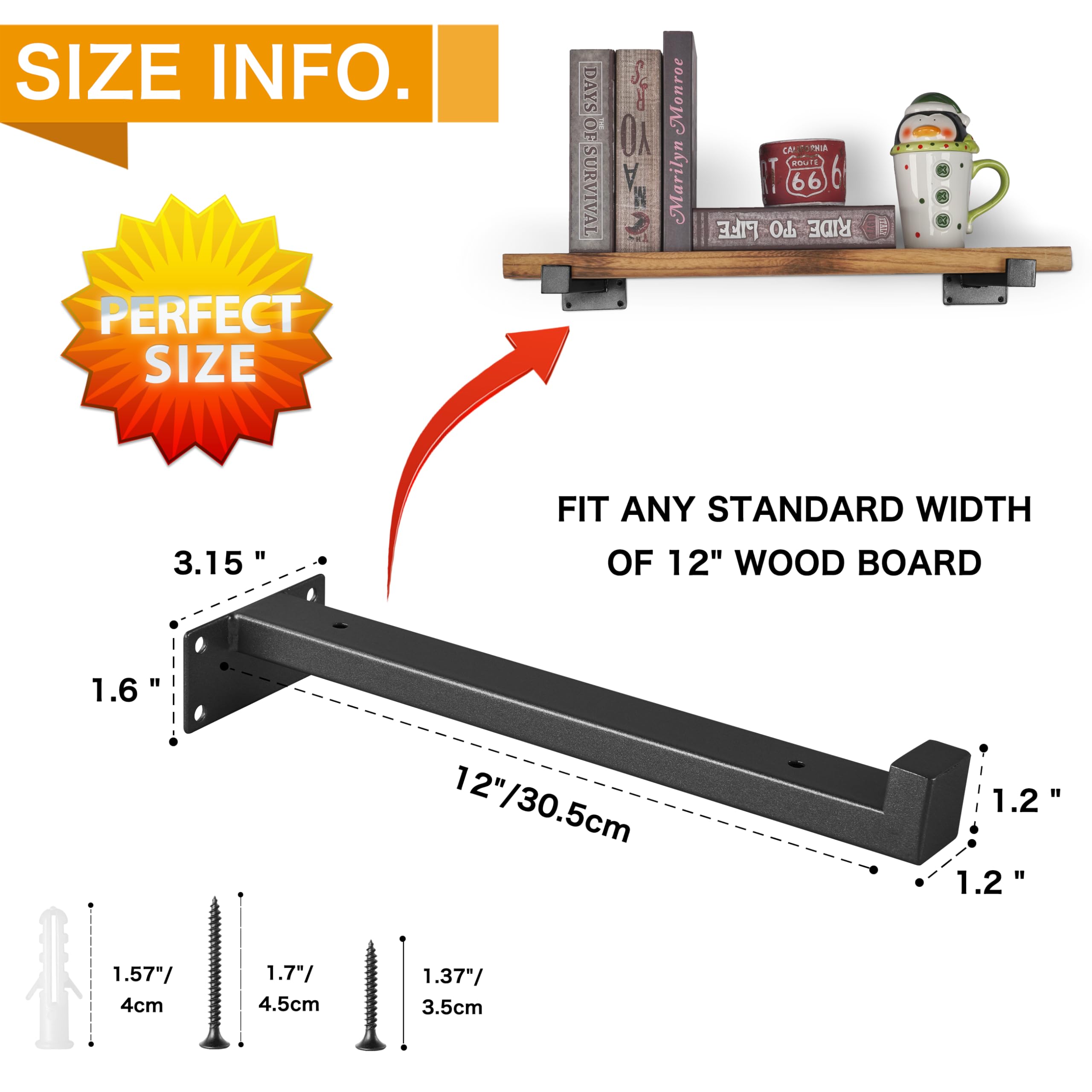 EZYDECOR 6Pcs Floating Shelves Brackets Heavy Duty Wooden Shelf Brackets 12inch Decorative Wall Shelf Brackets & Supports with Lip (Black) 12"