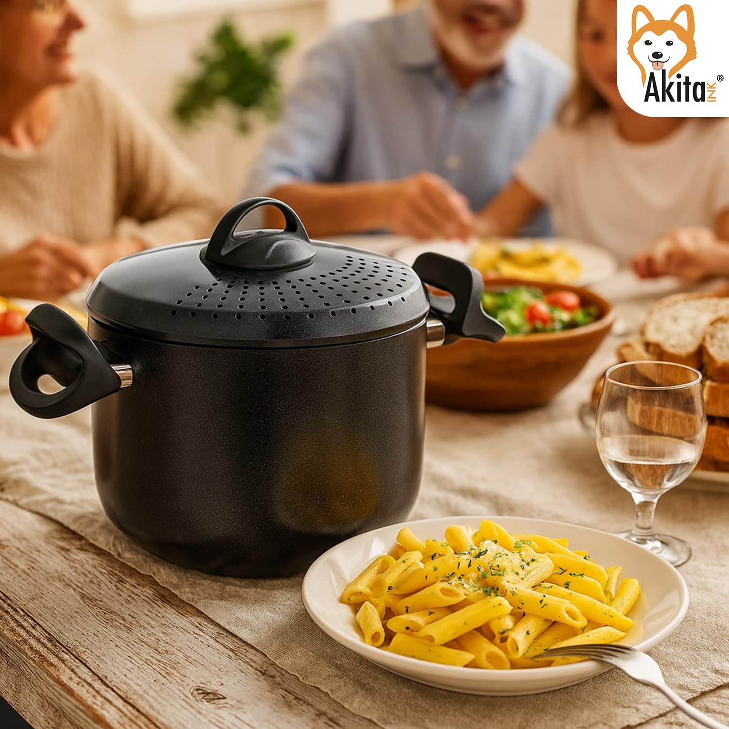 Akitaink Pentola 22cm 5L con Scolapasta Integrato Scoli’ - Pentola Antiaderente in Alluminio con Maniglie Bloccanti, Sicura, Pratica e Facile da Pulire, Scolì Made in Italy