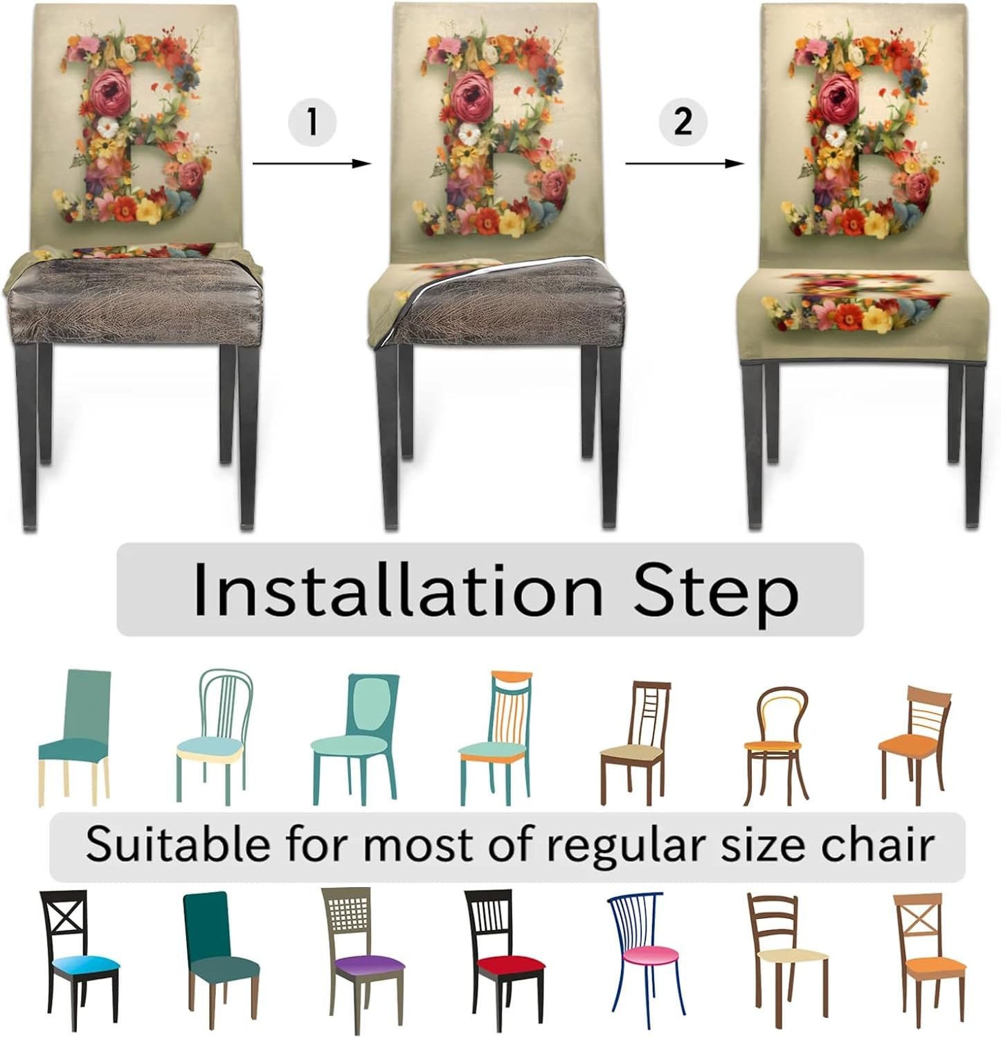 QsirBC Flower Letter B Stretch Dining Room Chair Covers Set of 4 Chair Slipcovers Removable Washable Kitchen Seat Covers Chair Protectors for Hotel Party Wedding