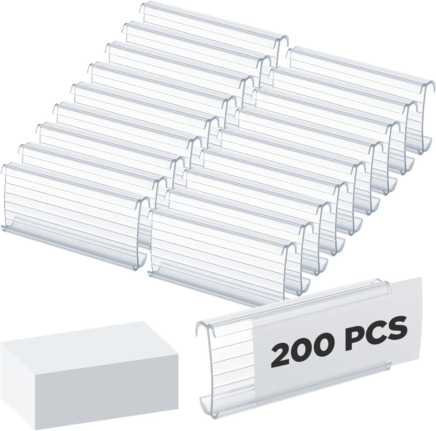 200Pcs Wire Shelf Label Holders with 200Pcs Paper Inserts, Plastic Wire Rack Tag Holder Compatible 1-1/4in Shelves, Label Area 3in Lx1.25in H