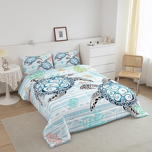 Miniatura 2 de Juego de edredón de tortuga marina, decoración de habitación kawaii, juego de ropa de cama con temática de playa costera, tamaño Queen para niños,