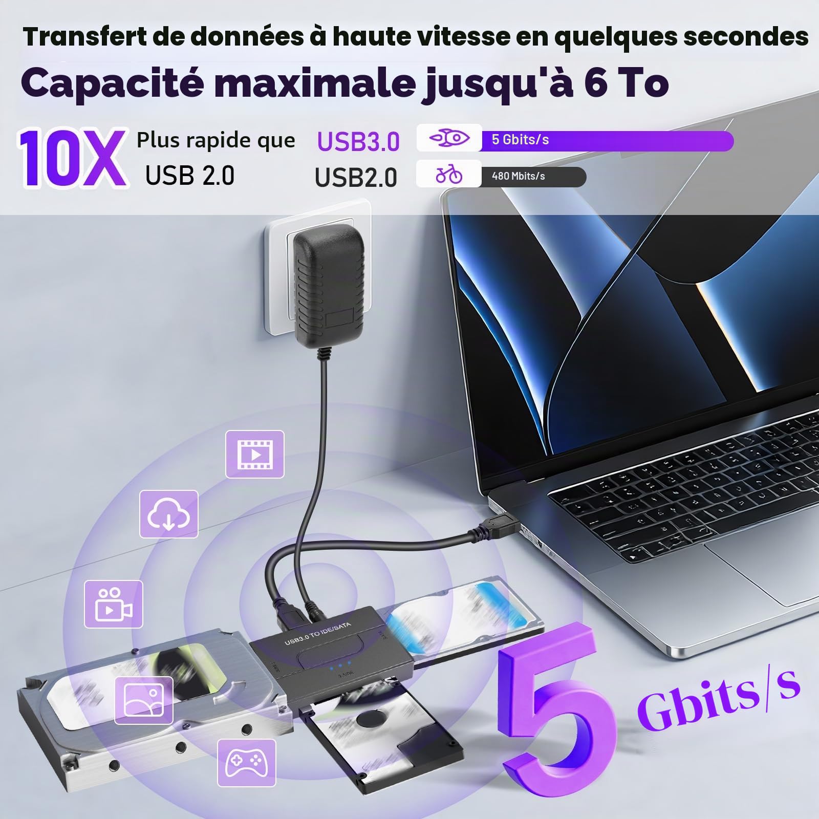 5Gbps IDE Adaptateur Disque Dur USB 3.0 pour 2.5"/ 3.5" HDD/SSD, Convertisseur SATA et IDEAdaptateur de Disque Dur IDE/SATA pour Windows avec Câble USB/Alimentation 12V 2A/SATACâble