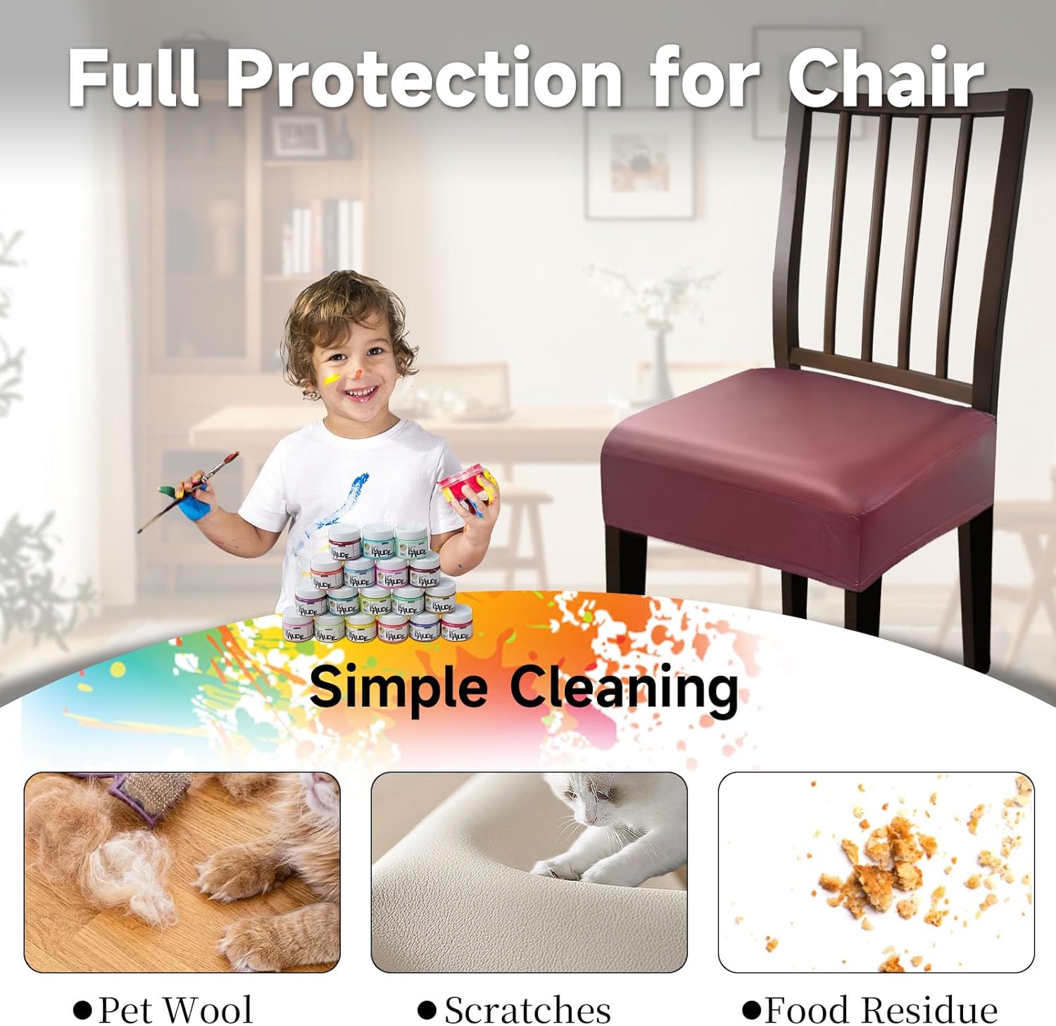 Leather Seat Covers Dining Chairs Waterproof Kitchen Chair Seat Covers set of 4, Wipeable 4-Sided Super Elastic PU Chair Covers Dining Chairs for Dining/Kitchen Room and Dust Resistant(Red, 4PCS)