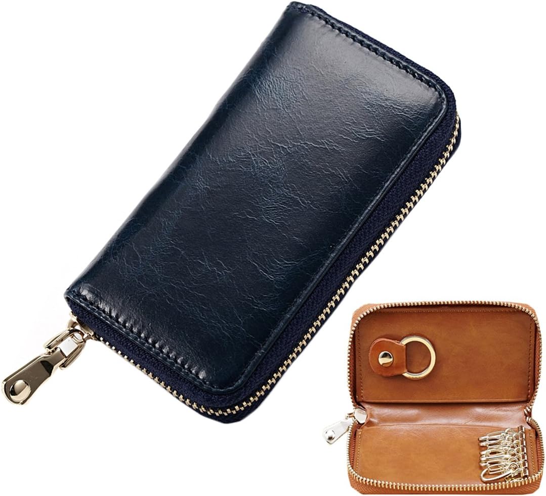 Lememogo Leather Key Case Zipper Classy Card Wallet Cash Coin Change Purse Pouch Car key Bag Keychain Holder for Men Boys Travel 12.2x2.5x7.5 cm (Royalblue)