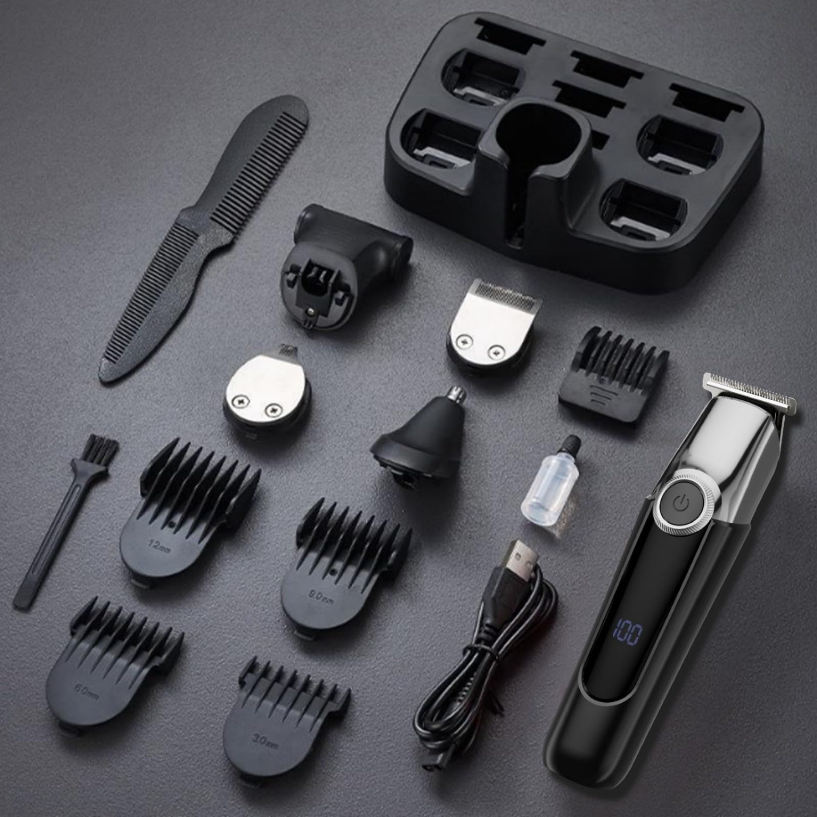 Recortadora de barba para hombres, maquinilla de afeitar eléctrica 5 en 1, cortadora de pelo inalámbrica, kit de aseo impermeable para afeitarse la cara, el bigote, el cuerpo, las orejas, la