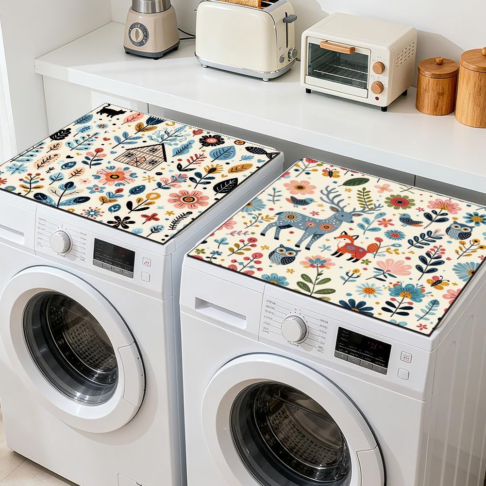 GLOBLELAND 2 Pcs Scandinavia Folk Art Washer Dryer Dust Cover 23.6×23.6 inch Deer Fox Owl Animals Washing Machine Top Protector Pads Non Slip Washing Machine Top Covers for Living Room Kitchen