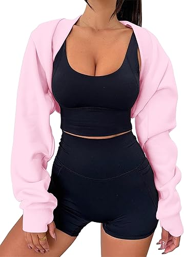 MISSACTIVER Sudadera de manga larga con agujero para el pulgar, bolero, parte superior abierta, forro polar, ajuste holgado, para entrenamiento